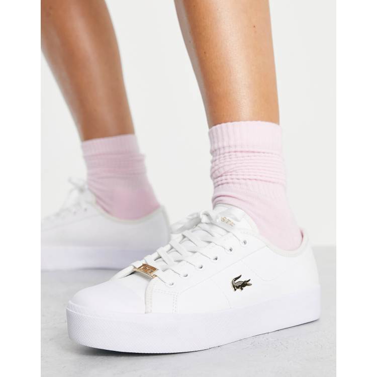 Lacoste Ziane Grand flatform sneakers in white with gold badge