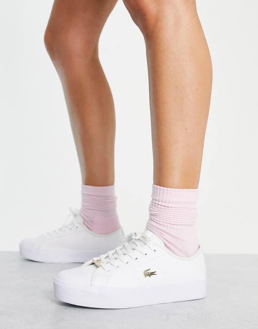 Lacoste Ziane Grand flatform sneakers in white with gold badge