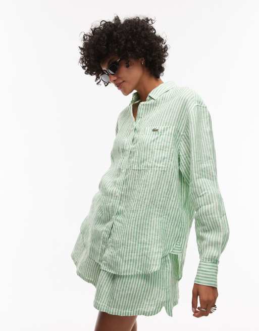 Lacoste – Zielono-biała koszula oversize w paski z długim rękawem i wzorem w paski, część zestawu