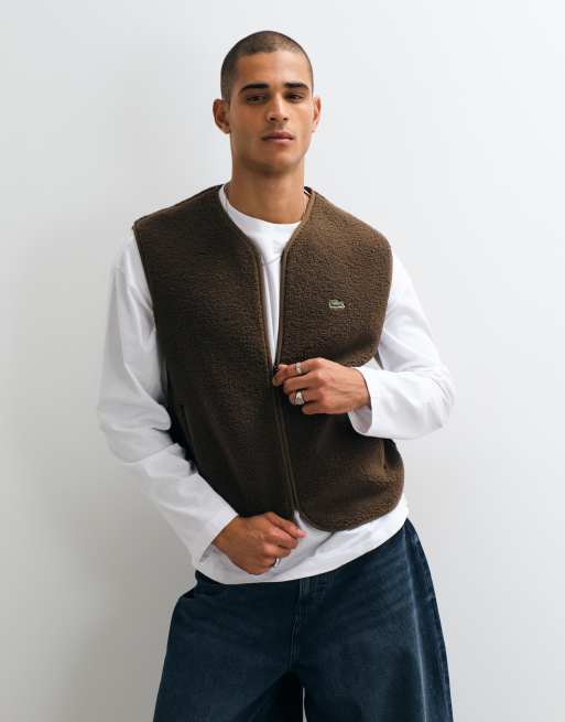 Lacoste zip through fleece gilet in dark brown , 2 of 5
