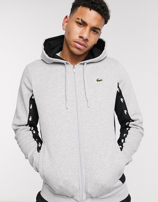 Lacoste zip through hoodie with brand taping in grey