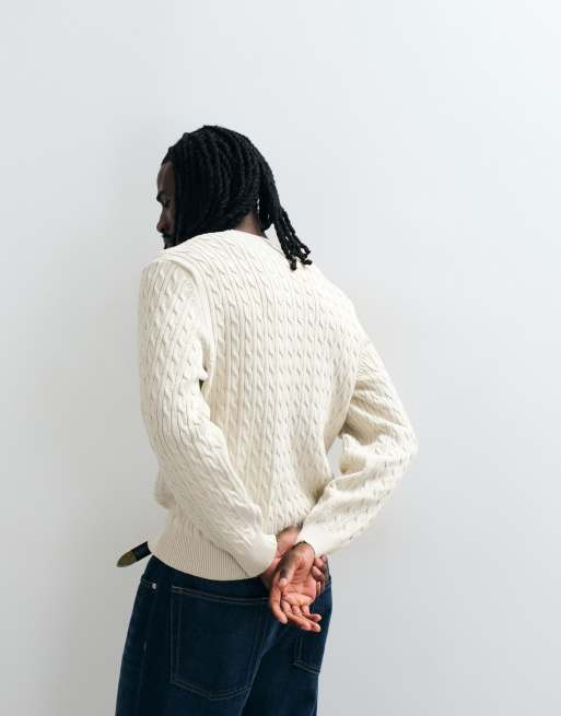 Lacoste Zopfstrick-Pullover mit Buchstaben-Emblem in Cremeweiß, 4 von 5