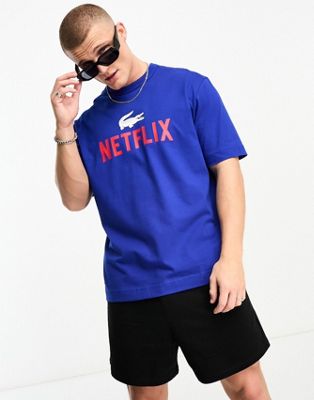 Lacostex Netflix loose fit logo t-shirt in blue with back print