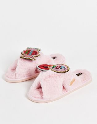 Laines London bubblegum slipper with detachable brooch in pink