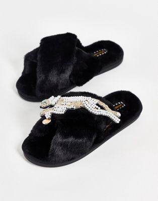 Laines London Cheetah slipper with detachable brooch in black