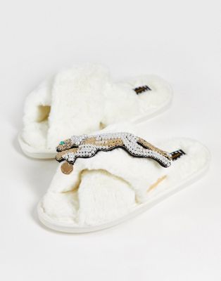 Laines London Cheetah slipper with detachable brooch in cream