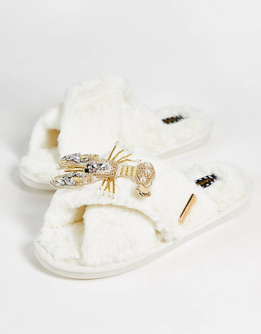  Laines London Lobster slipper with detachable brooch in white 