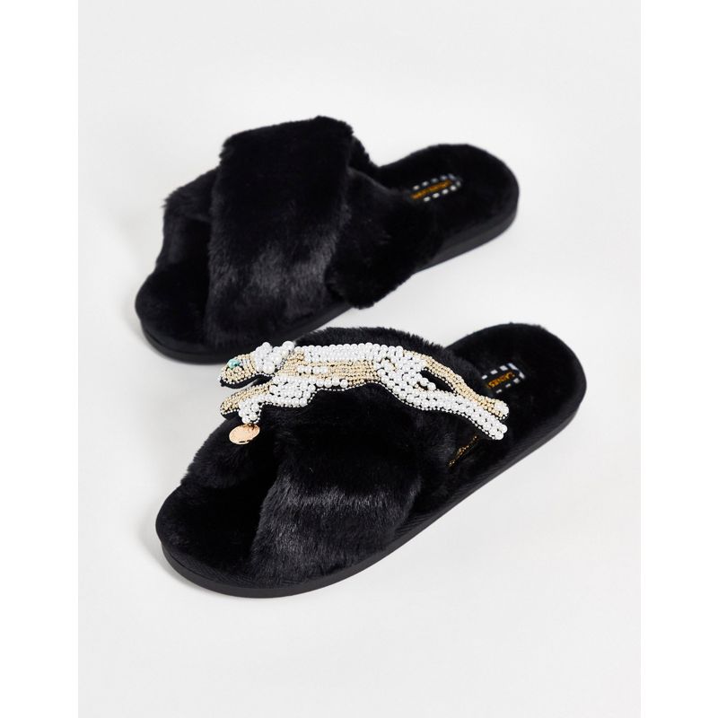 Abbigliamento da casa yYkcj Laines London - Pantofole nere con spilla rimovibile a forma di ghepardo