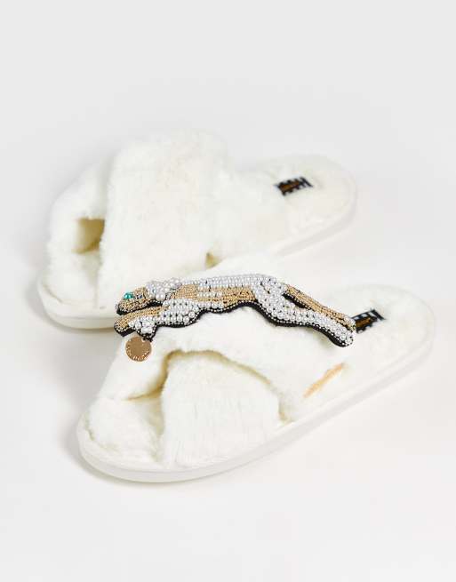 Laines London - Pantoufles motif guépard avec broche détachable - Crème