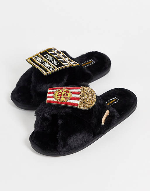 Laines London Popcorn slipper with detachable brooch in black
