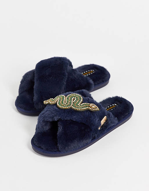 Loungewear Laines London Snake slipper with detachable brooch in blue 