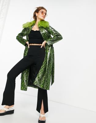 Лаймовое пальто с воротником из искусственного меха Topshop-Зеленый цвет