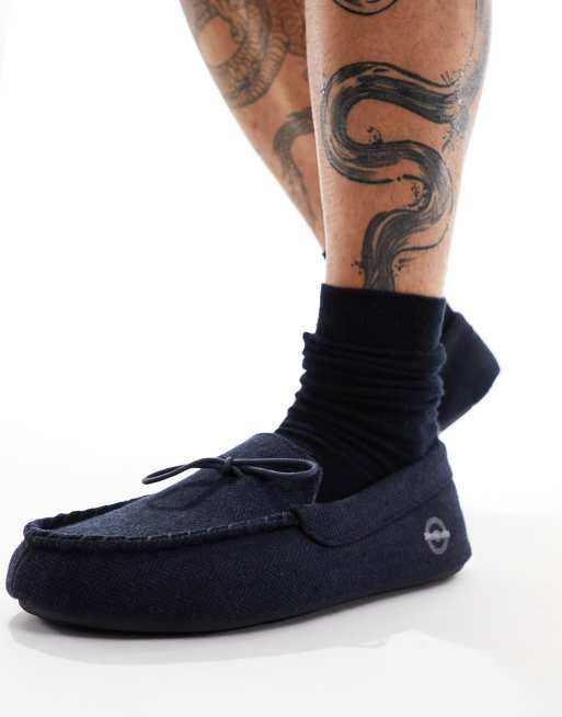  Lambretta moccasin slippers in navy herringbone