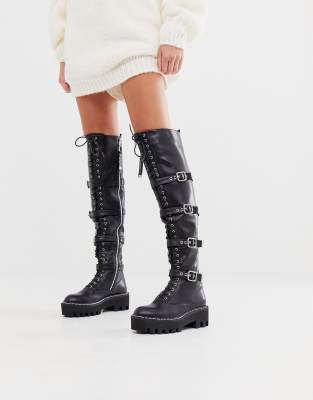 knee high lace up flat boots