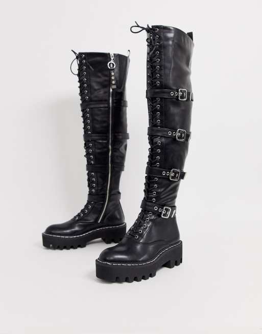 Lamoda black extreme lace up flat over the knee boots