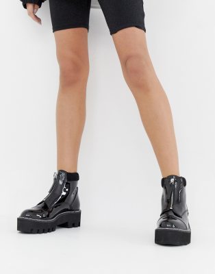 black chunky patent boots