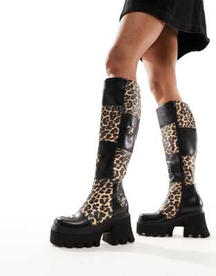 Lamoda - Booming - Klobige kniehohe Patchwork-Stiefel mit Leopardenmuster und Herzmuster-Bunt