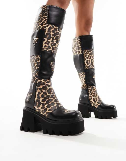 Lamoda Booming patchwork heart chunky knee boots in leopard print