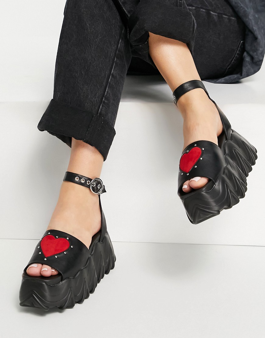 Lamoda chunky flatform sandals in black with red heart