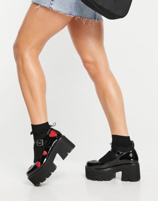 Lamoda chunky heeled shoes in black patent with red hearts