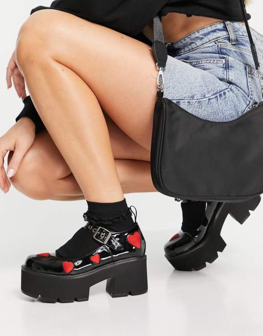 Lamoda chunky heeled shoes in black patent with red hearts, 2 of 4