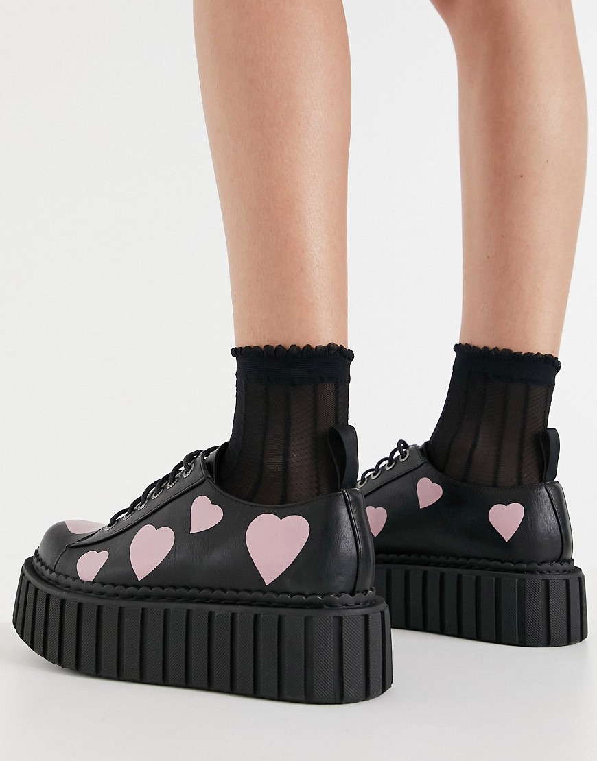 Lamoda Chunky Lace Up Creeper Shoes With Pink Hearts In Black
