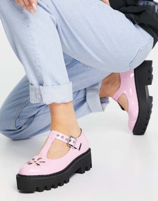 Lamoda chunky t bar shoes in pale pink patent