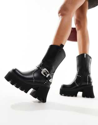 Lamoda Crocodile Tears chunky heeled ankle boots with western buckle in black