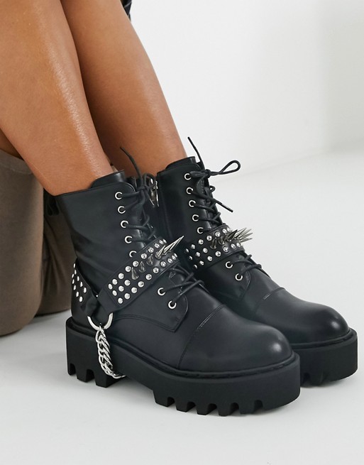 Lamoda Deviant lace up boots with studded harness in black
