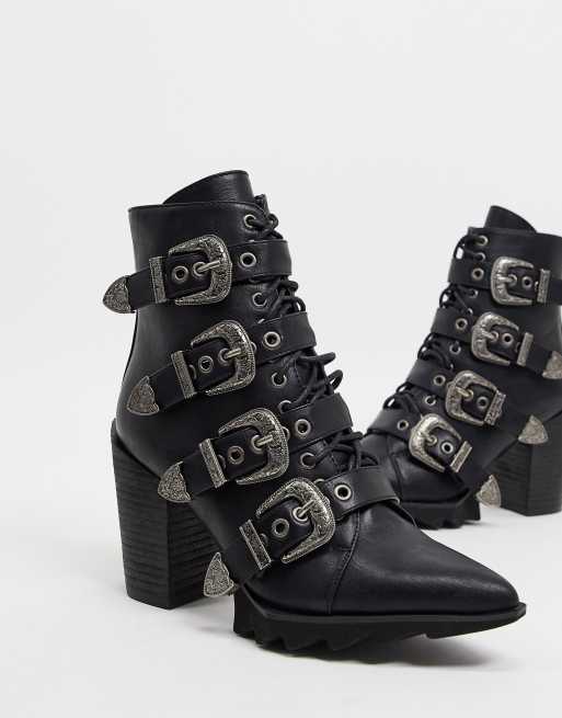 Lamoda Chunky Platform Heel Buckle Boots - Black | US 7