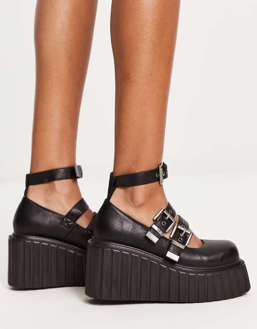 Lamoda double buckle creeper sole wedge shoe in black exclusive to ASOS, 3 of 4