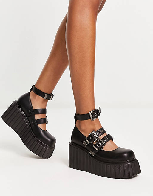 Lamoda double buckle creeper sole wedge shoes in black exclusive to ASOS