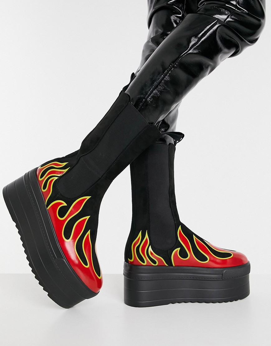 Lamoda flame print chunky boots in black