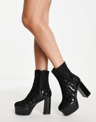 Lamoda Flame Print Platform Heel Boots In Black