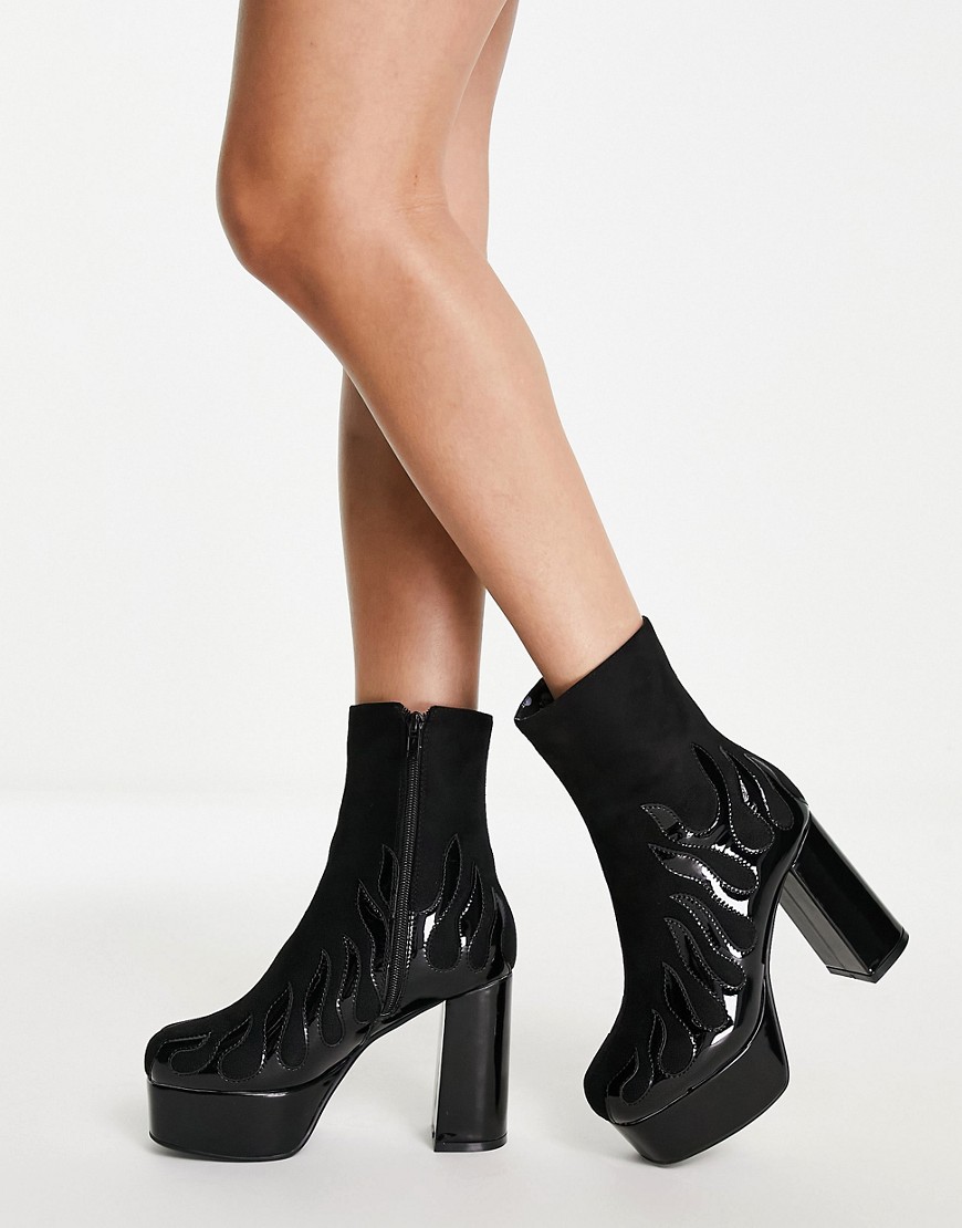 Lamoda flame print platform heel boots in black