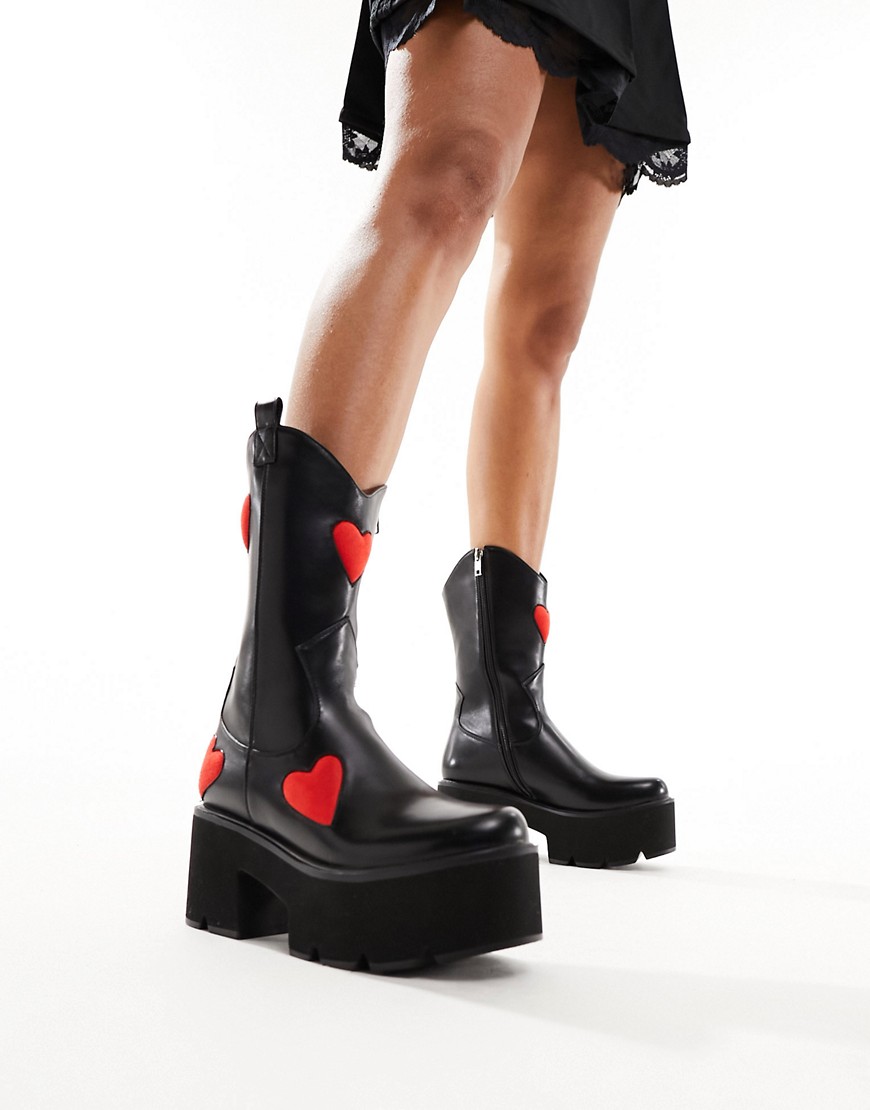Lamoda Heart Throb chunky heeled western boots with heart applique in black