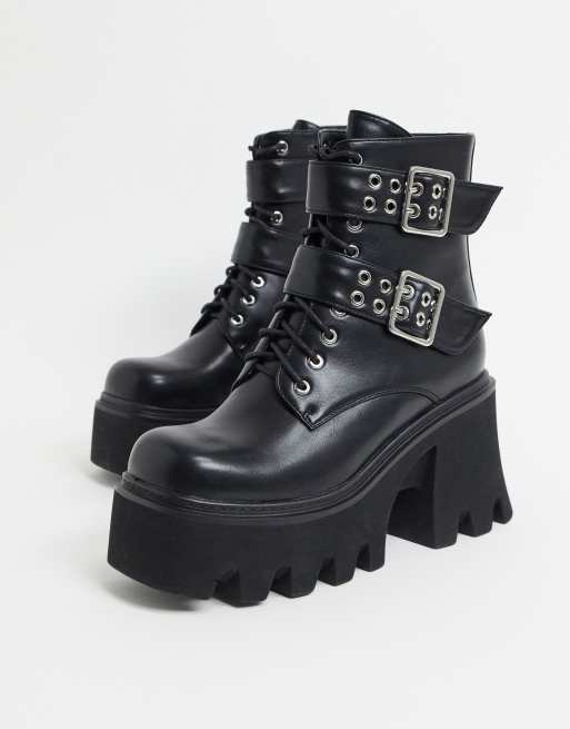 lamoda knee high chunky heel boots in black