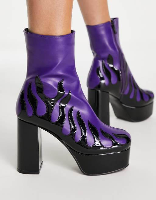 Lamoda – Hohe Stiefel in Lila mit Flammenmuster und Plateausohle, 2 von 4