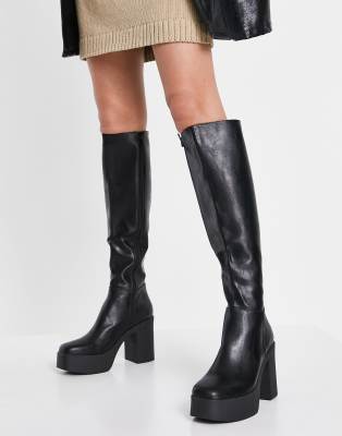 platform black boots knee high