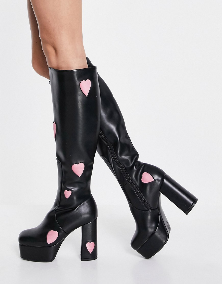 Lamoda knee high platform boots with pink hearts-Black