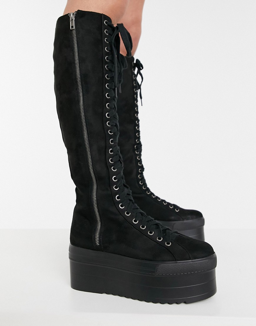 Lamoda lace up flatform knee boots in black