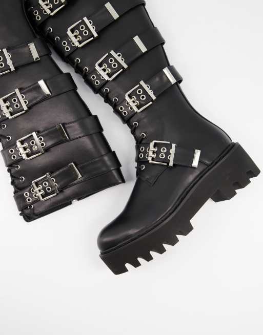 Lamoda Lockdown buckle detail knee high boots in black