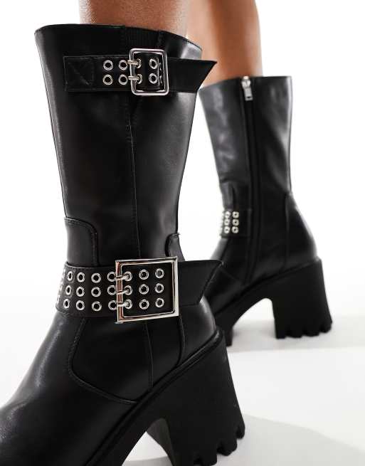 Lamoda Needed chunky heeled biker boots with buckle detail in