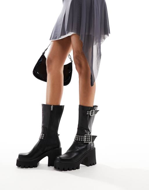 Lamoda Needed chunky heeled biker boots with buckle detail in black , 4 of 4