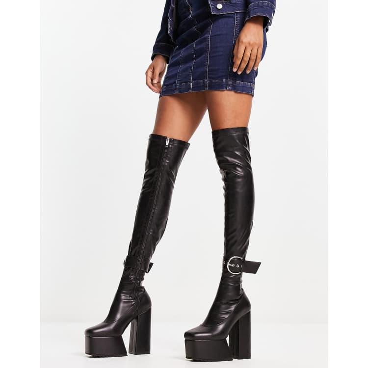 Black pu buckle detail chunky over the hotsell knee boots