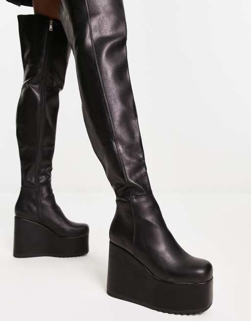 Lamoda over the knee platform wedge boots in black