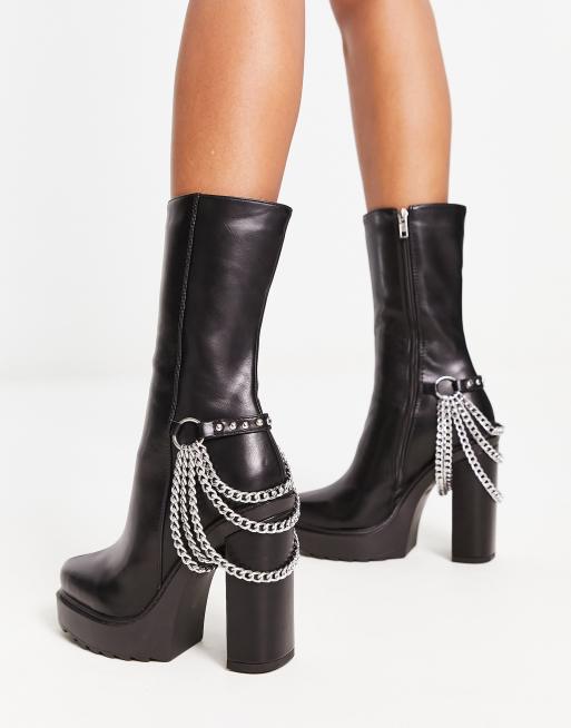 Lamoda platform ankle boots with chain detail in black PU, 2 of 4