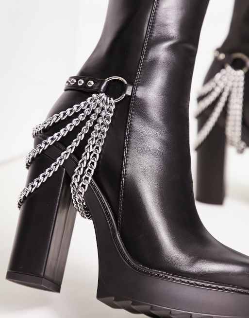 Lamoda platform ankle boots with chain detail in black PU, 3 of 4