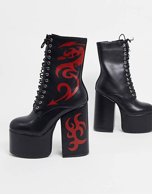 Lamoda platform boots with tattoo print in black