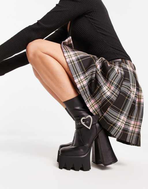 Lamoda platform chunky ankle boots with heart buckle in black pu